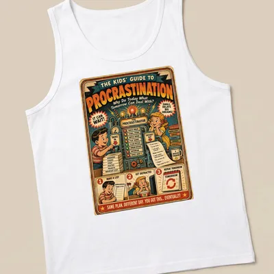 Funny retro vintage T-shirt with procrastination tips for kids — printed on a tank top