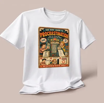 Funny retro vintage T-shirt with procrastination tips for kids — printed on a unisex t-shirt (angled view)