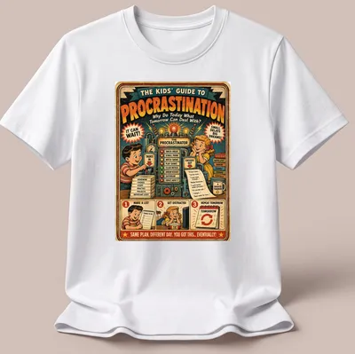 Funny retro vintage T-shirt with procrastination tips for kids