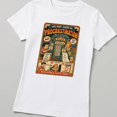 Funny retro vintage T-shirt with procrastination tips for kids — printed on a women's shirt