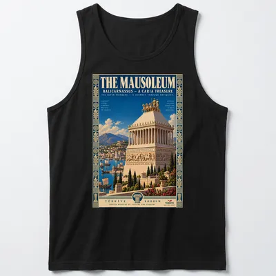 Vintage travel poster-inspired t-shirt depicting the Mausoleum Halicarnassus — printed on a tank top