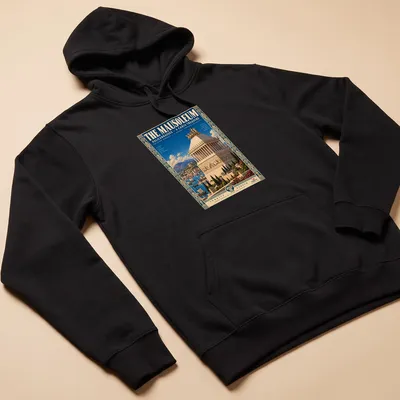 Vintage travel poster-inspired t-shirt depicting the Mausoleum Halicarnassus — printed on a unisex hoodie