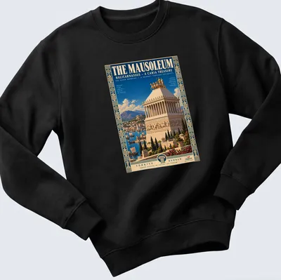 Vintage travel poster-inspired t-shirt depicting the Mausoleum Halicarnassus — printed on a unisex sweatshirt