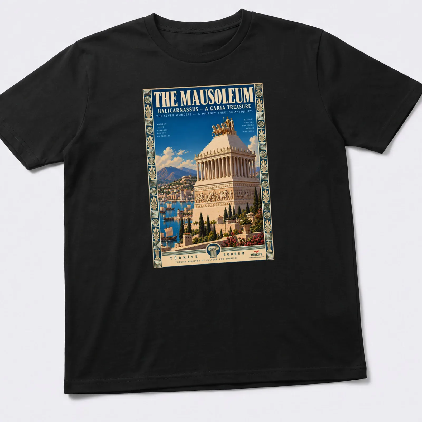 Vintage travel poster-inspired t-shirt depicting the Mausoleum Halicarnassus — printed on a unisex t-shirt
