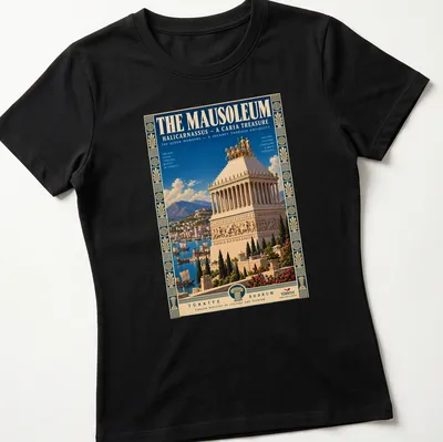 Vintage travel poster-inspired t-shirt depicting the Mausoleum Halicarnassus — printed on a women's shirt