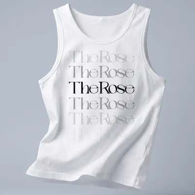 Modern typography T-shirt featuring "The Rose" text and a rose illustration in black, gray, and white. — printed on a tank top