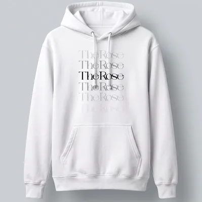 Modern typography T-shirt featuring "The Rose" text and a rose illustration in black, gray, and white. — printed on a unisex hoodie