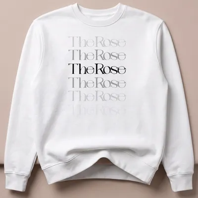 Modern typography T-shirt featuring "The Rose" text and a rose illustration in black, gray, and white. — printed on a unisex sweatshirt