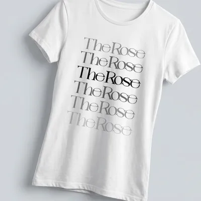 Modern typography T-shirt featuring "The Rose" text and a rose illustration in black, gray, and white. — printed on a women's shirt