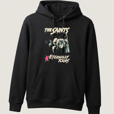 Distressed retro print featuring The Saints with light blue, pink, and cream colors — printed on a unisex hoodie