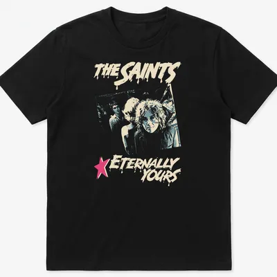 Distressed retro print featuring The Saints with light blue, pink, and cream colors