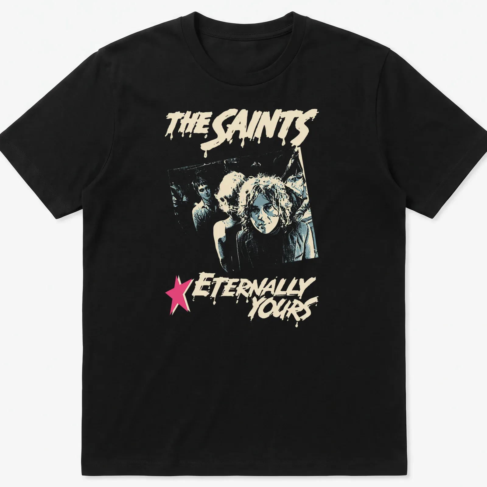 Distressed retro print featuring The Saints with light blue, pink, and cream colors — printed on a unisex t-shirt