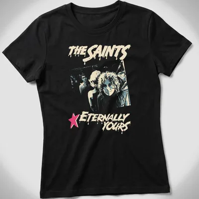 Distressed retro print featuring The Saints with light blue, pink, and cream colors — printed on a women's shirt