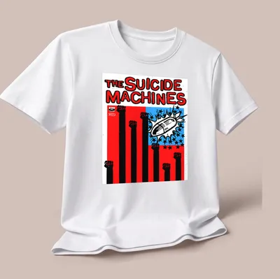 Bold graphic of fists raised against oppression with The Suicide Machines logo — printed on a unisex t-shirt (angled view)