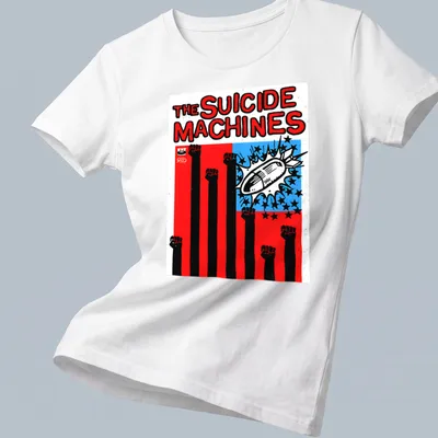 Bold graphic of fists raised against oppression with The Suicide Machines logo — printed on a women's shirt