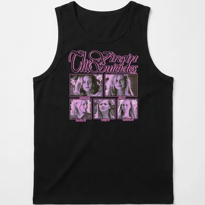 Vintage style tee featuring names of characters from The Virgin Suicides in pink and black. — printed on a tank top