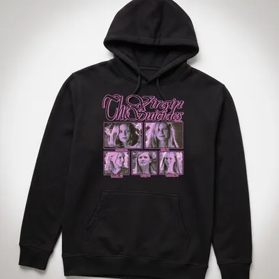 Vintage style tee featuring names of characters from The Virgin Suicides in pink and black. — printed on a unisex hoodie