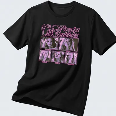 Vintage style tee featuring names of characters from The Virgin Suicides in pink and black.