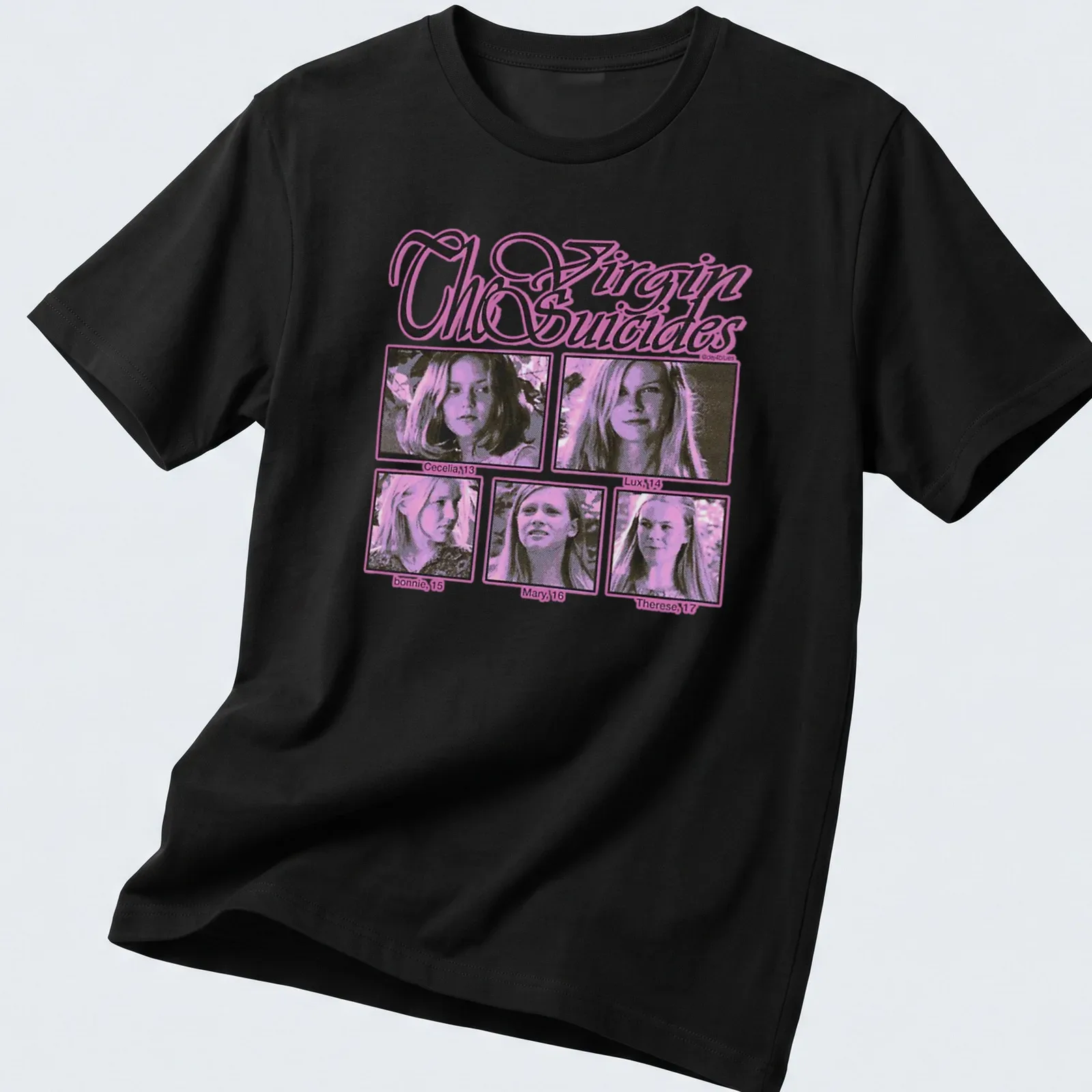 Vintage style tee featuring names of characters from The Virgin Suicides in pink and black. — printed on a unisex t-shirt