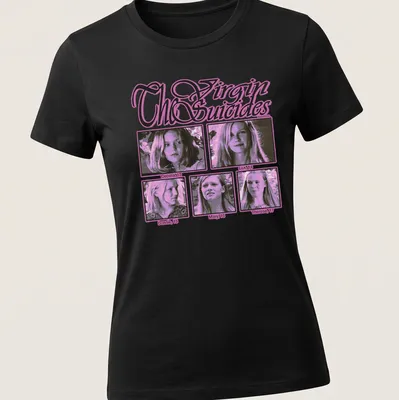 Vintage style tee featuring names of characters from The Virgin Suicides in pink and black. — printed on a women's shirt