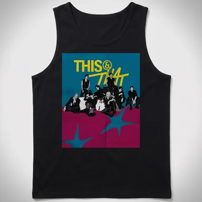 Bold graphic t-shirt with 'THIS & THAT' and a group of young adults — printed on a tank top