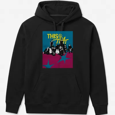 Bold graphic t-shirt with 'THIS & THAT' and a group of young adults — printed on a unisex hoodie