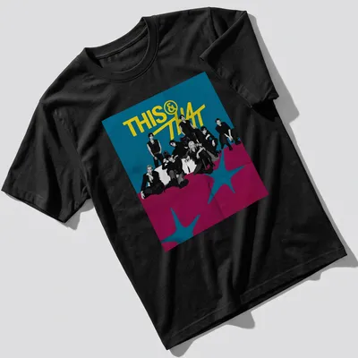 Bold graphic t-shirt with 'THIS & THAT' and a group of young adults — printed on a unisex t-shirt