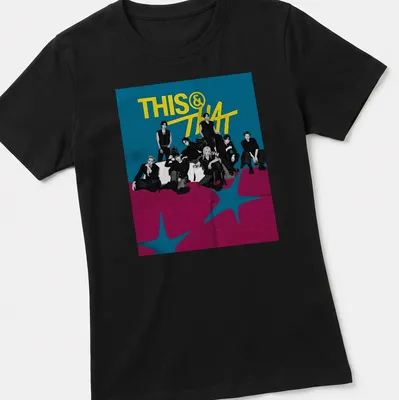 Bold graphic t-shirt with 'THIS & THAT' and a group of young adults — printed on a women's shirt