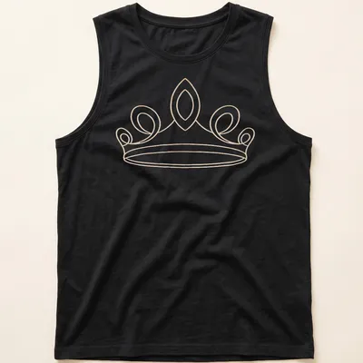 Minimal line art of an elegant tiara in gold on a light beige background — printed on a tank top