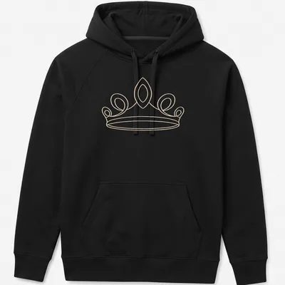 Minimal line art of an elegant tiara in gold on a light beige background — printed on a unisex hoodie