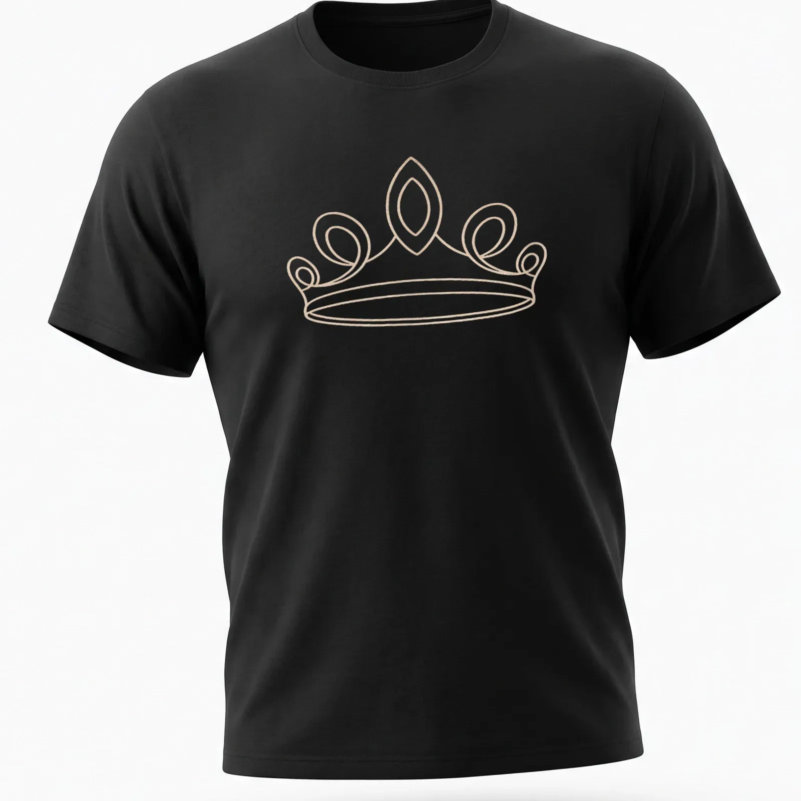 Minimal line art of an elegant tiara in gold on a light beige background — printed on a unisex t-shirt