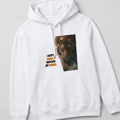 Realistic tiger graphic with humorous text about auditioning dinner. — printed on a unisex hoodie