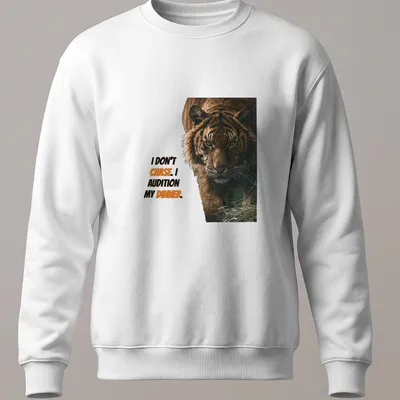 Realistic tiger graphic with humorous text about auditioning dinner. — printed on a unisex sweatshirt