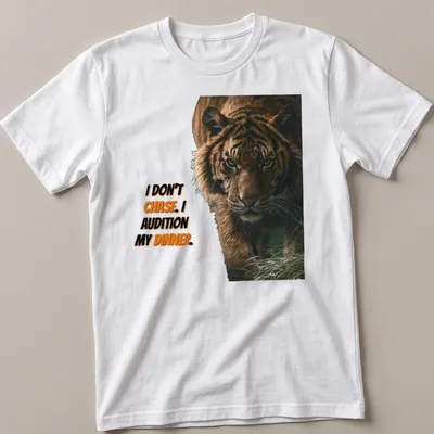 Realistic tiger graphic with humorous text about auditioning dinner.