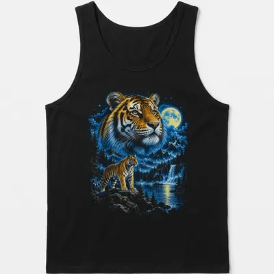 Fantasy art featuring a tiger in a moonlit mountain landscape — printed on a tank top