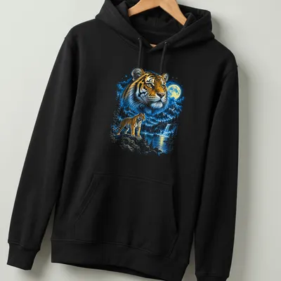 Fantasy art featuring a tiger in a moonlit mountain landscape — printed on a unisex hoodie