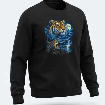 Fantasy art featuring a tiger in a moonlit mountain landscape — printed on a unisex sweatshirt