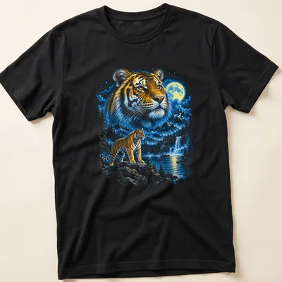 Fantasy art featuring a tiger in a moonlit mountain landscape