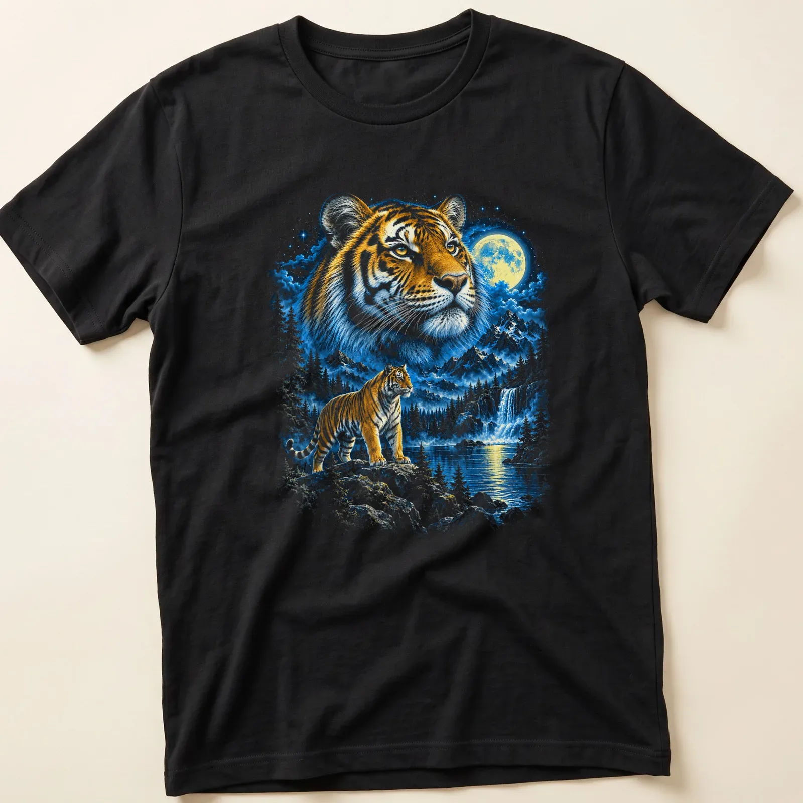 Fantasy art featuring a tiger in a moonlit mountain landscape — printed on a unisex t-shirt