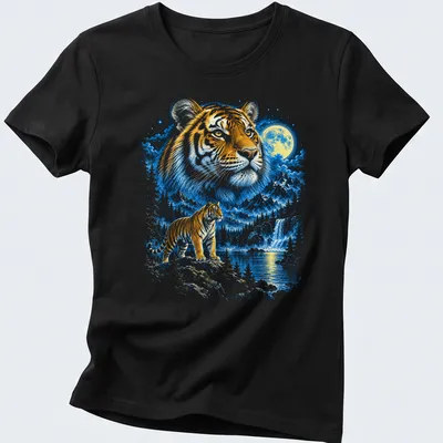 Fantasy art featuring a tiger in a moonlit mountain landscape — printed on a women's shirt