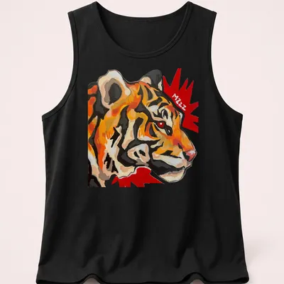 Acrylic art t-shirt featuring a vibrant tiger with the word 'Mzzz' in an artistic font — printed on a tank top