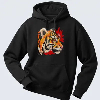 Acrylic art t-shirt featuring a vibrant tiger with the word 'Mzzz' in an artistic font — printed on a unisex hoodie