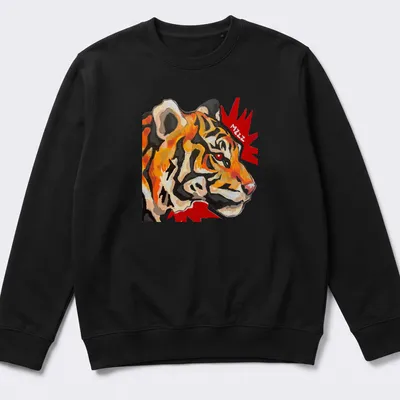 Acrylic art t-shirt featuring a vibrant tiger with the word 'Mzzz' in an artistic font — printed on a unisex sweatshirt