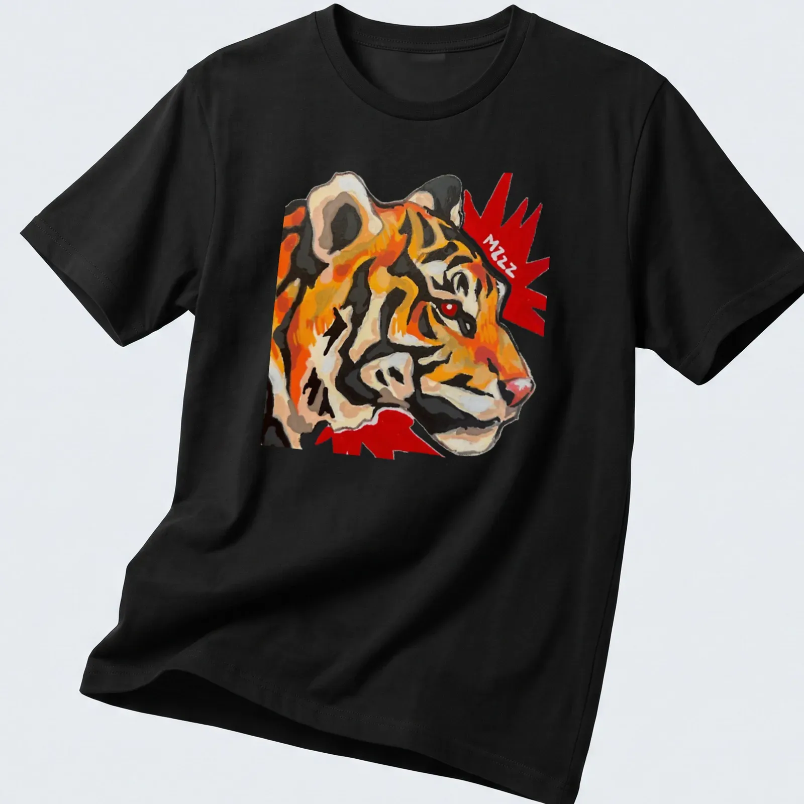 Acrylic art t-shirt featuring a vibrant tiger with the word 'Mzzz' in an artistic font — printed on a unisex t-shirt