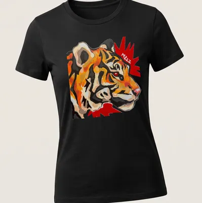 Acrylic art t-shirt featuring a vibrant tiger with the word 'Mzzz' in an artistic font — printed on a women's shirt