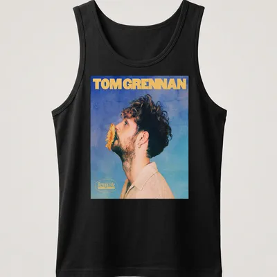 Vintage-style Tom Grennan Gospel Version t-shirt with blue, yellow, and beige colors. — printed on a tank top