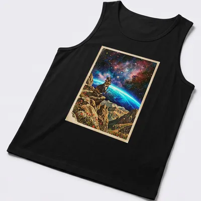 Whimsical design of a tortoiseshell cat magician in cosmic colors — printed on a tank top