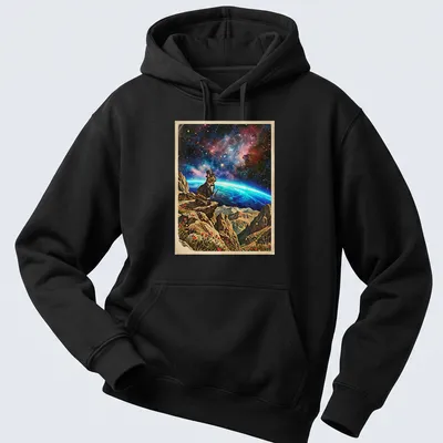 Whimsical design of a tortoiseshell cat magician in cosmic colors — printed on a unisex hoodie