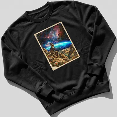 Whimsical design of a tortoiseshell cat magician in cosmic colors — printed on a unisex sweatshirt
