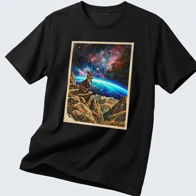 Whimsical design of a tortoiseshell cat magician in cosmic colors